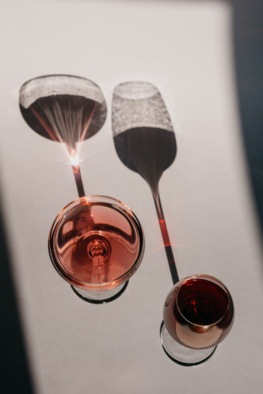 Overhead Shot of a Glass of Wine and a Glass of Champagne